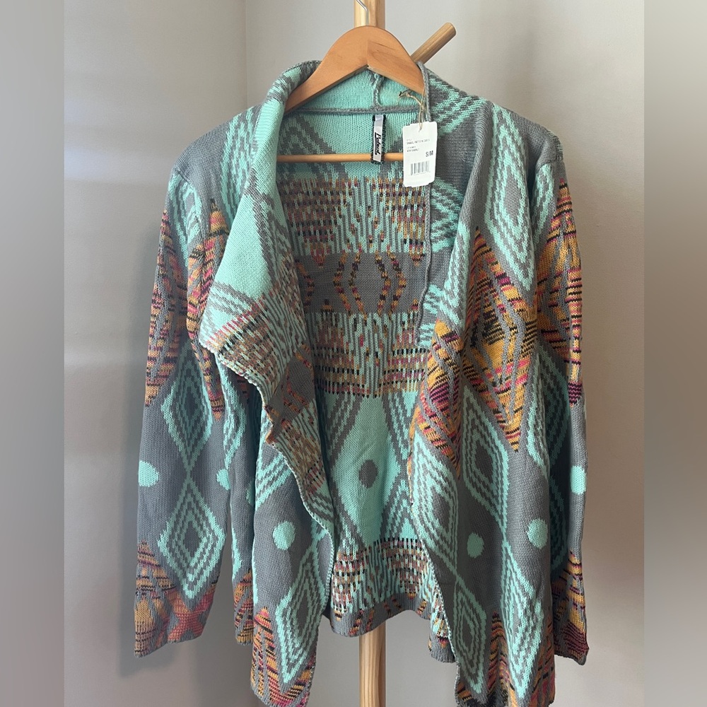 NEW Petrol Aqua Aztec Pattern Open Cardigan Shawl Women’s Size Small